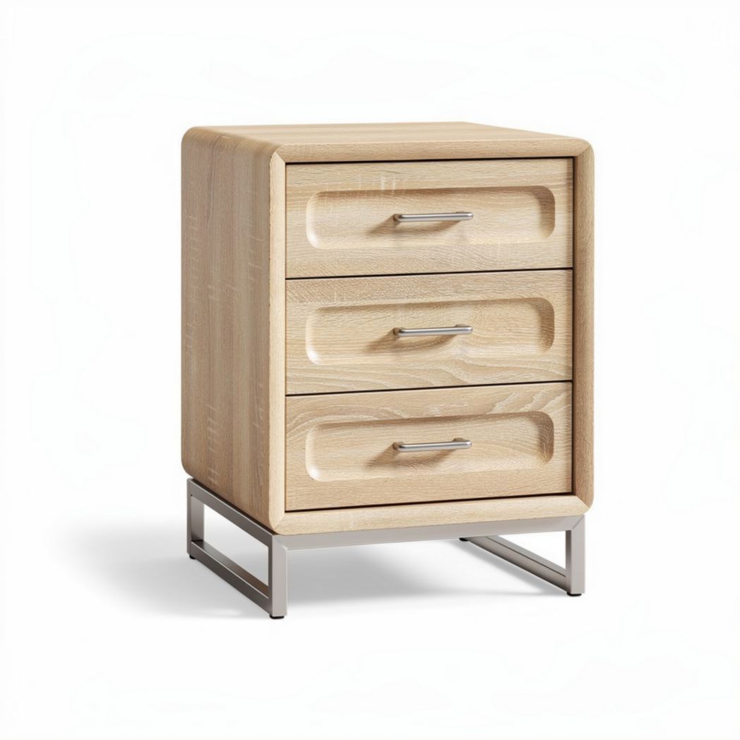 Wooden nightstand with three drawers in natural finish and metal legs 45 x 40 x 60cm