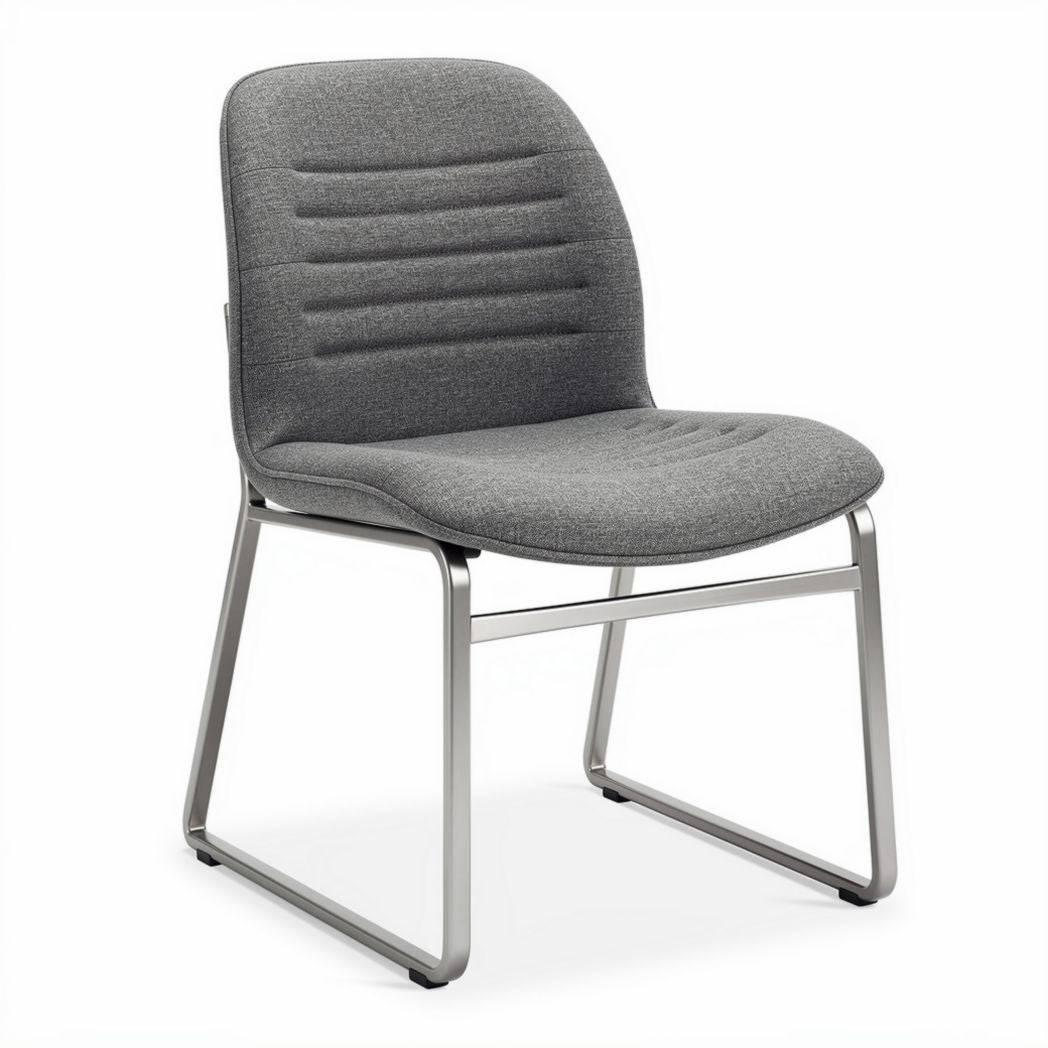 Modern gray upholstered chair with steel frame suitable for dining use