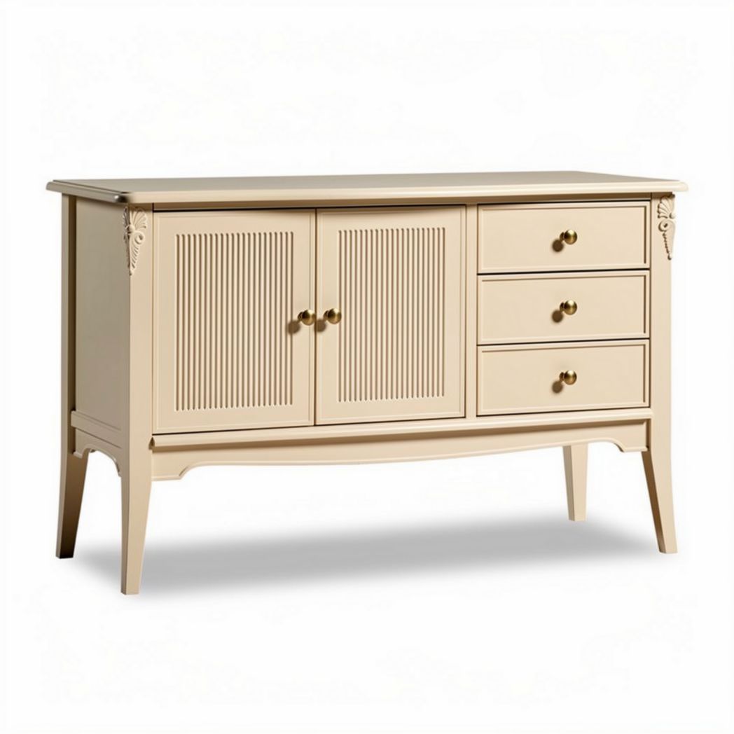 Cabinet with two doors and three drawers made of durable MDF in cream color 120 x 45 x 80cm