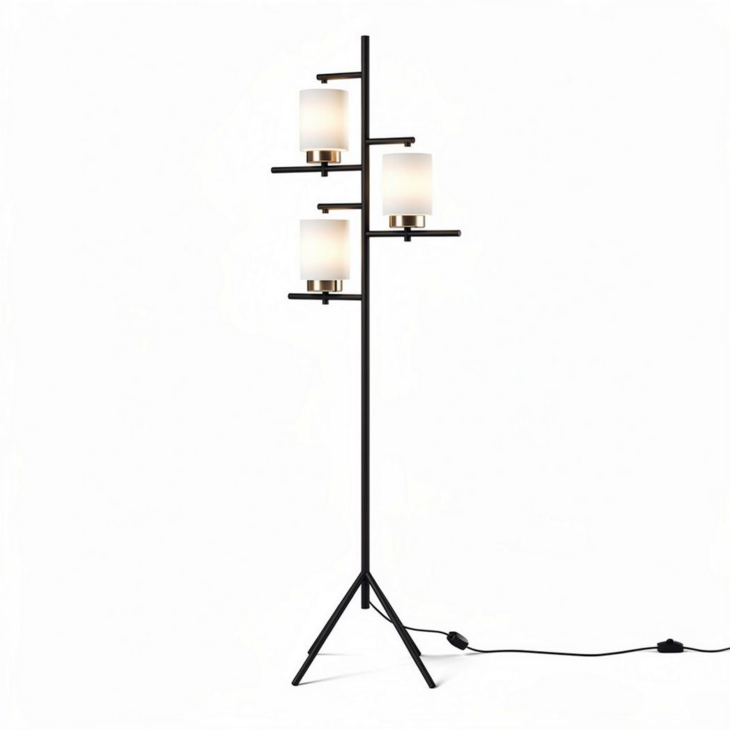Modern decorative floor lamp with three frosted glass shades and black metal base