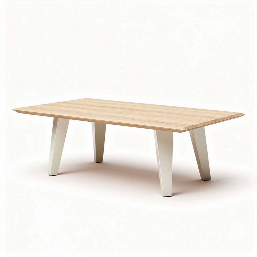Wooden coffee table with a natural finish and white metal legs 120 x 80 x 45cm