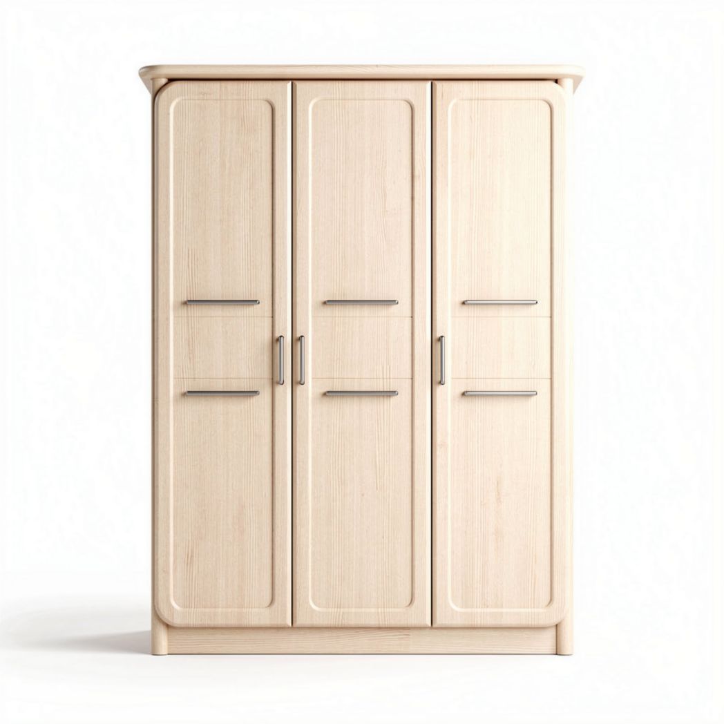 Three-door wardrobe in light wood finish with sleek metal handles 180 x 100 x 50cm