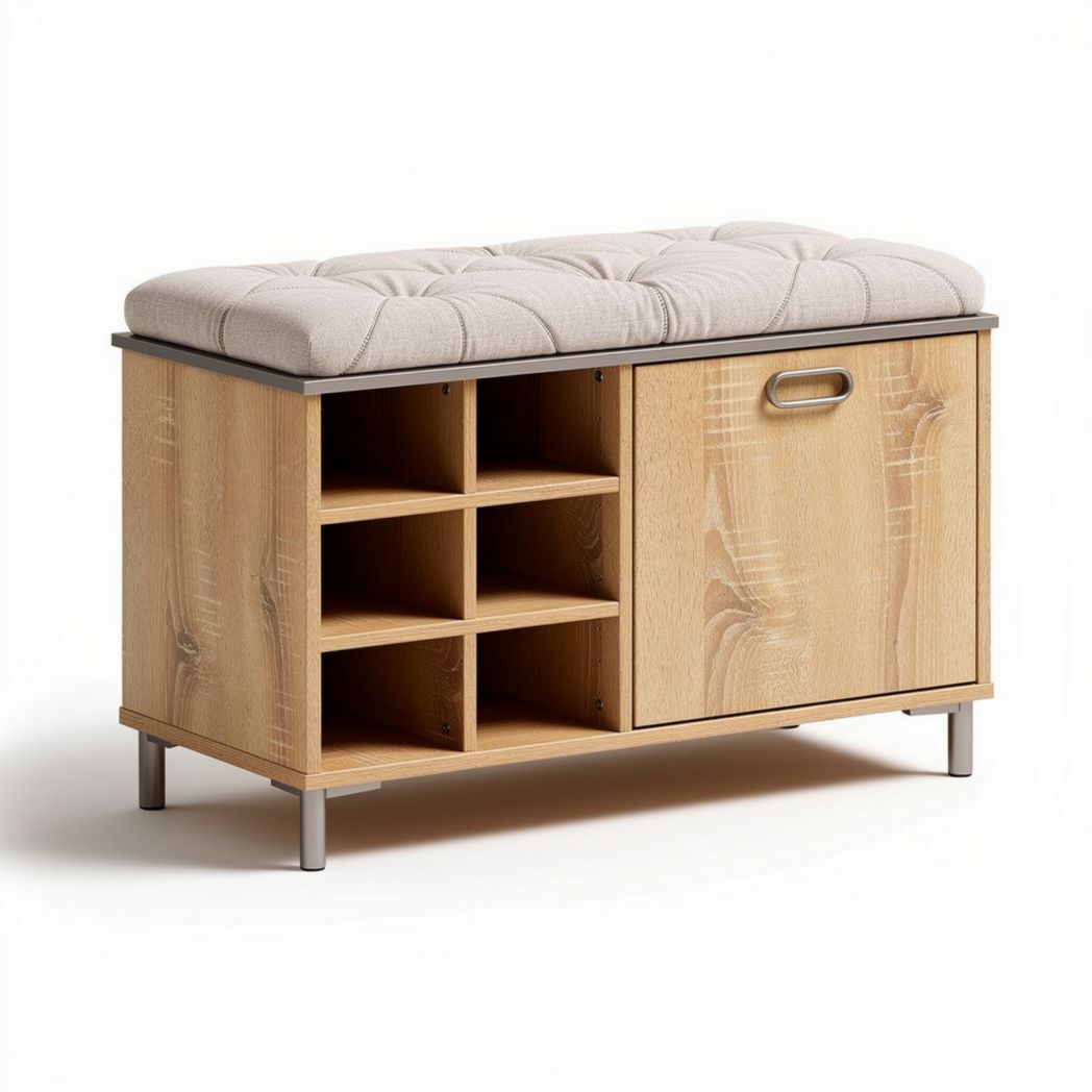 Wooden storage bench with cushion top and six cubby compartments 90 x 40 x 45cm