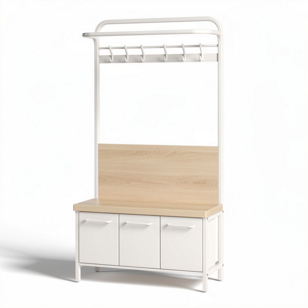 Metal coat rack with wooden bench and storage cabinets 100 x 40 x 180cm