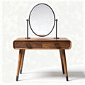 Wooden vanity table with round mirror and two drawers in walnut finish