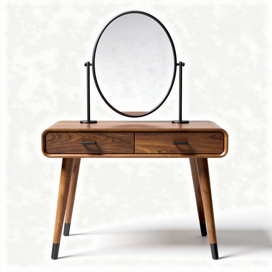 Wooden vanity table with round mirror and two drawers in walnut finish
