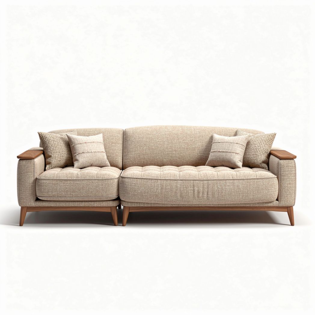 Fabric sectional sofa with wooden accents and two decorative pillows 200 x 90 x 80cm