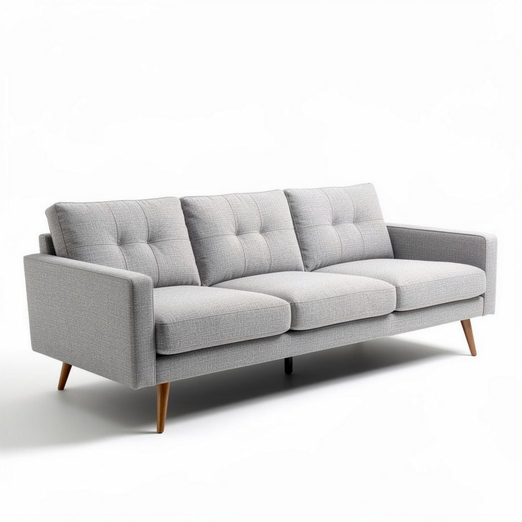 Grey fabric three-seater sofa with wooden legs dimensions 200 x 85 x 85cm