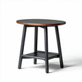 Round wooden accent table with black metal legs and lower shelf 40 x 40 x 50cm